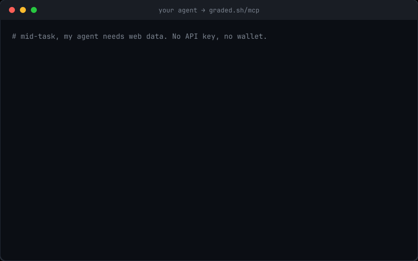 Terminal demo: an agent lists graded x402 services over MCP, creates its own account with no email, generates a Stripe top-up link for its human, and makes a paid call